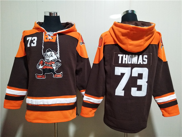 Men's Cleveland Browns #73 Joe Thomas Brown Lace-Up Pullover Hoodie